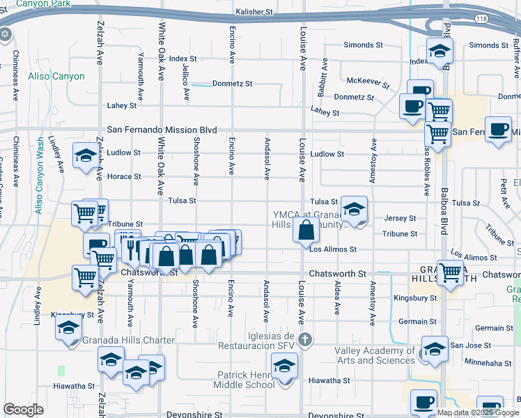 map of restaurants, bars, coffee shops, grocery stores, and more near 17407 Tribune Street in Los Angeles