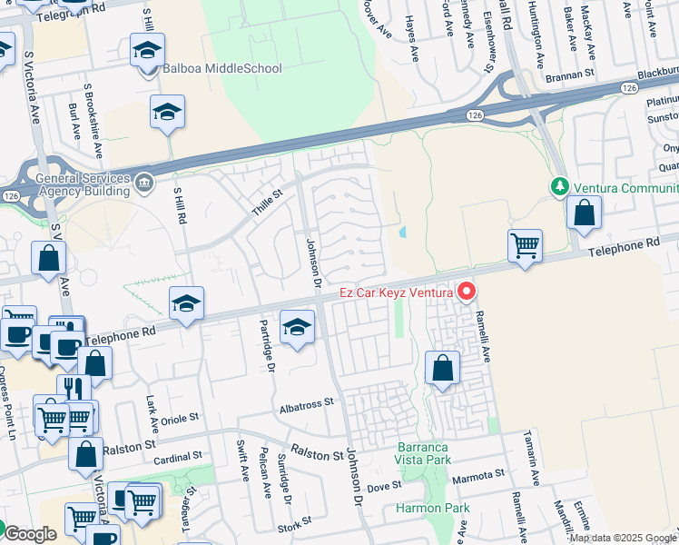 map of restaurants, bars, coffee shops, grocery stores, and more near in Ventura