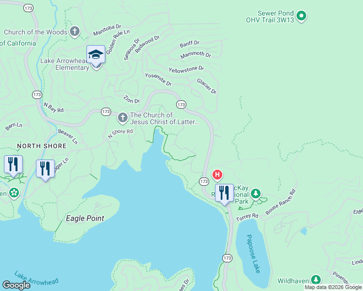 map of restaurants, bars, coffee shops, grocery stores, and more near 28956 North Shore Road in Lake Arrowhead