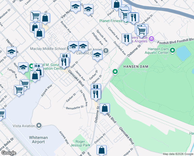 map of restaurants, bars, coffee shops, grocery stores, and more near 12349 Glamis Street in Los Angeles
