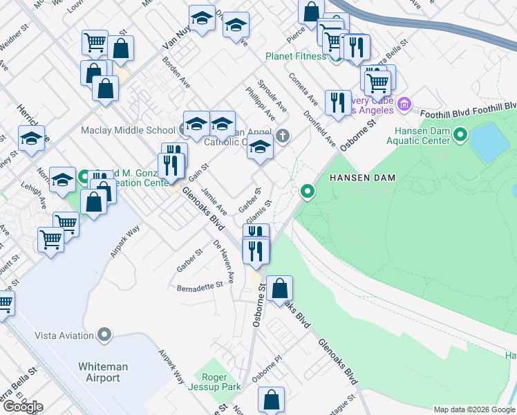 map of restaurants, bars, coffee shops, grocery stores, and more near 12349 Glamis Street in Los Angeles