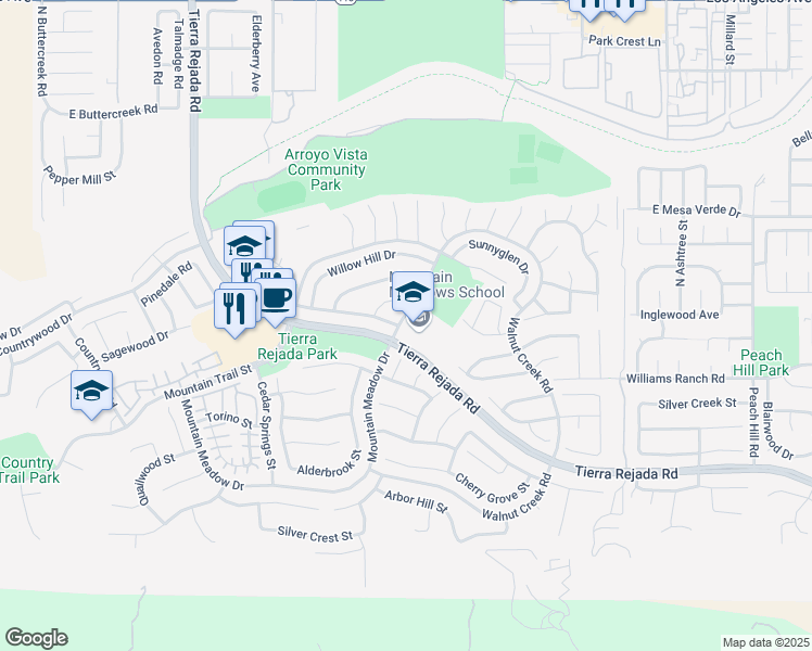 map of restaurants, bars, coffee shops, grocery stores, and more near 4200 Mountain Meadow Drive in Moorpark