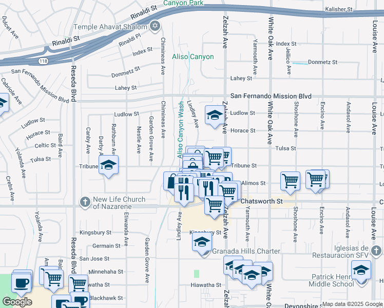 map of restaurants, bars, coffee shops, grocery stores, and more near 10861 Lindley Avenue in Los Angeles