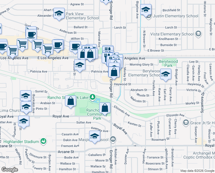 map of restaurants, bars, coffee shops, grocery stores, and more near 1633 Erringer Road in Simi Valley