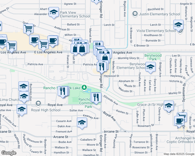 map of restaurants, bars, coffee shops, grocery stores, and more near 1633 Erringer Road in Simi Valley