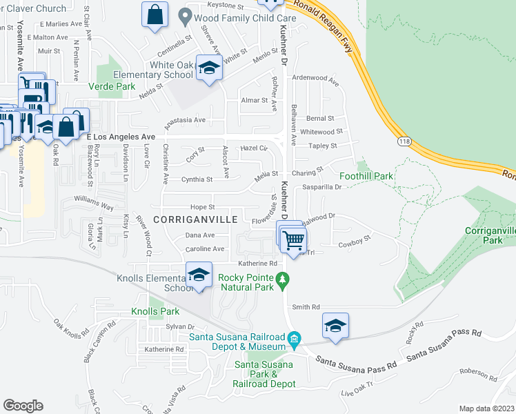 map of restaurants, bars, coffee shops, grocery stores, and more near 9715 Hope Street in Simi Valley