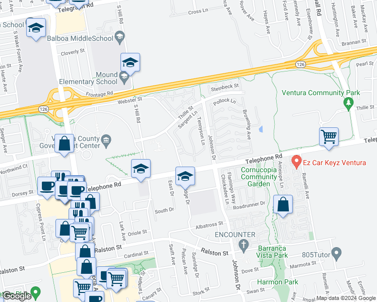 map of restaurants, bars, coffee shops, grocery stores, and more near 960 Murdoch Lane in Ventura