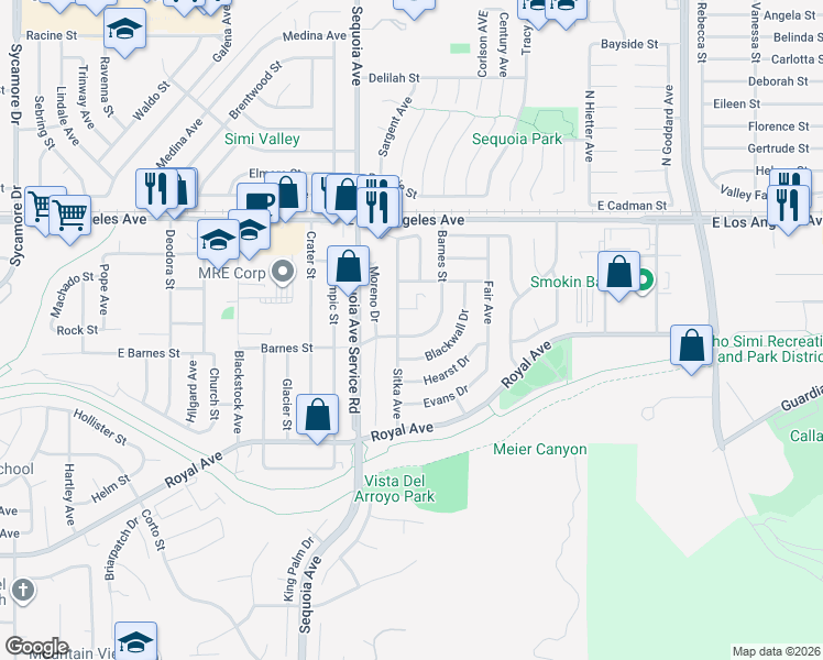 map of restaurants, bars, coffee shops, grocery stores, and more near 1615 Barnes Street in Simi Valley