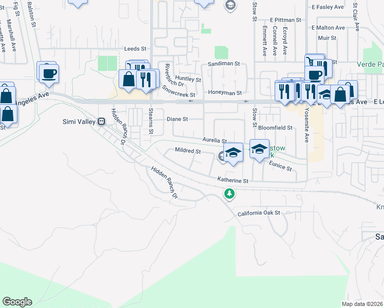 map of restaurants, bars, coffee shops, grocery stores, and more near 5330 Leland Circle in Simi Valley