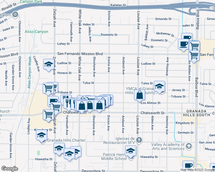 map of restaurants, bars, coffee shops, grocery stores, and more near 17455 Tribune Street in Los Angeles