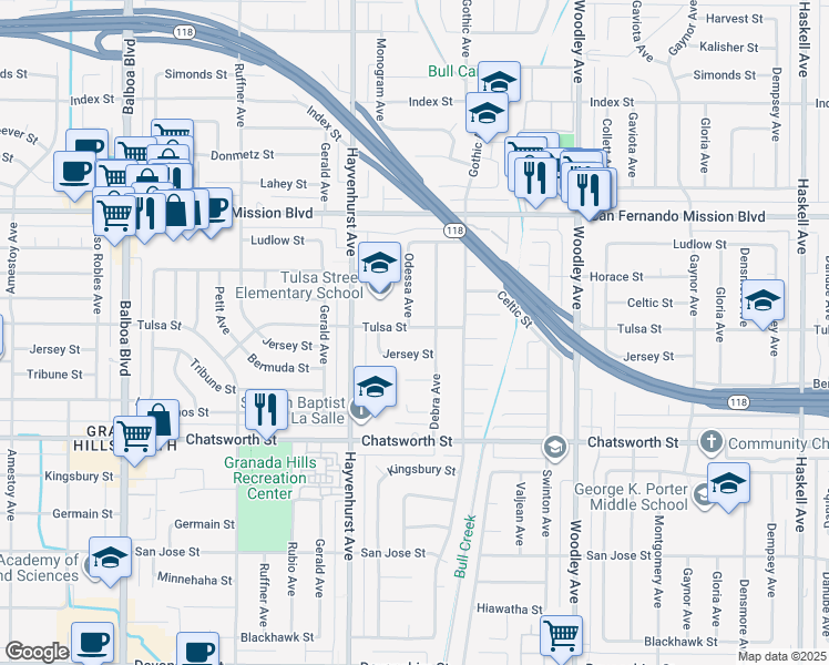 map of restaurants, bars, coffee shops, grocery stores, and more near 16450 Tulsa Street in Los Angeles