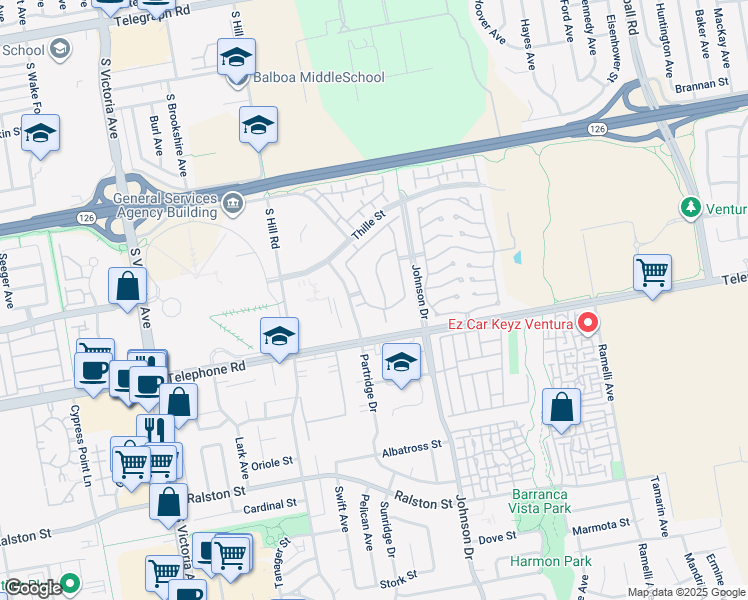 map of restaurants, bars, coffee shops, grocery stores, and more near 960 Murdoch Lane in Ventura