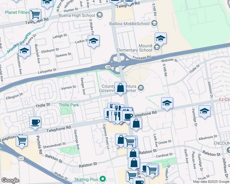 map of restaurants, bars, coffee shops, grocery stores, and more near 5851 Thille Street in Ventura