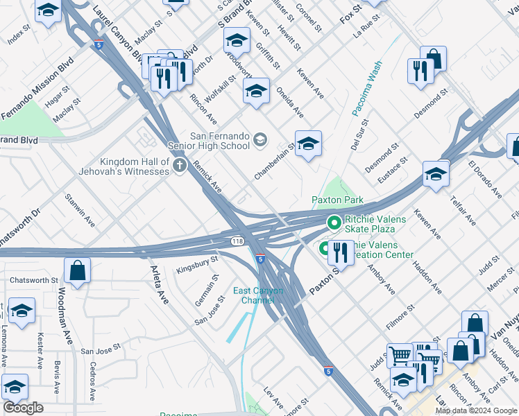 map of restaurants, bars, coffee shops, grocery stores, and more near 10901 Laurel Canyon Boulevard in San Fernando