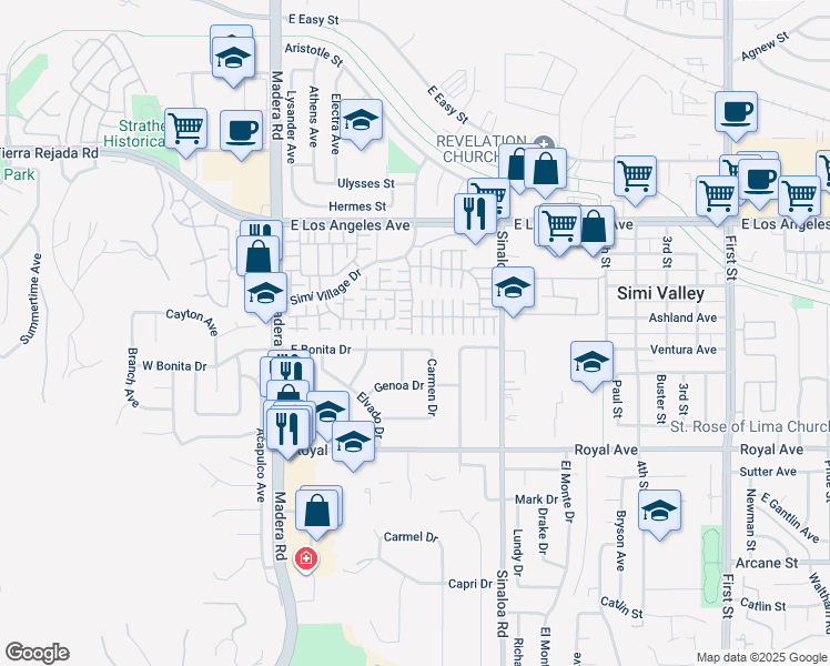 map of restaurants, bars, coffee shops, grocery stores, and more near 1654 Rush Haven Way in Simi Valley