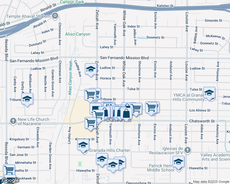 map of restaurants, bars, coffee shops, grocery stores, and more near 17733 Tribune Street in Los Angeles