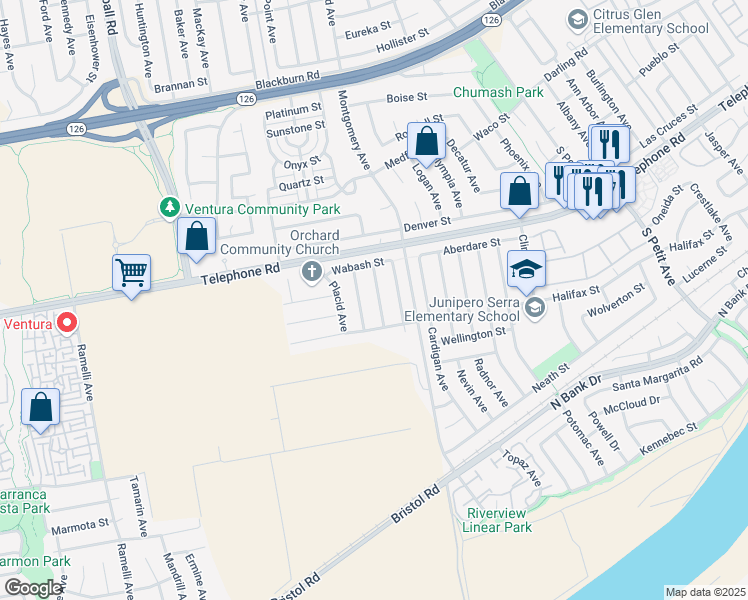 map of restaurants, bars, coffee shops, grocery stores, and more near 1305 Ontario Avenue in Ventura