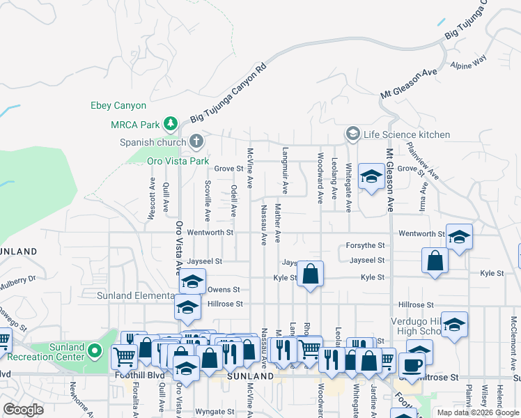 map of restaurants, bars, coffee shops, grocery stores, and more near 10943 Nassau Avenue in Los Angeles