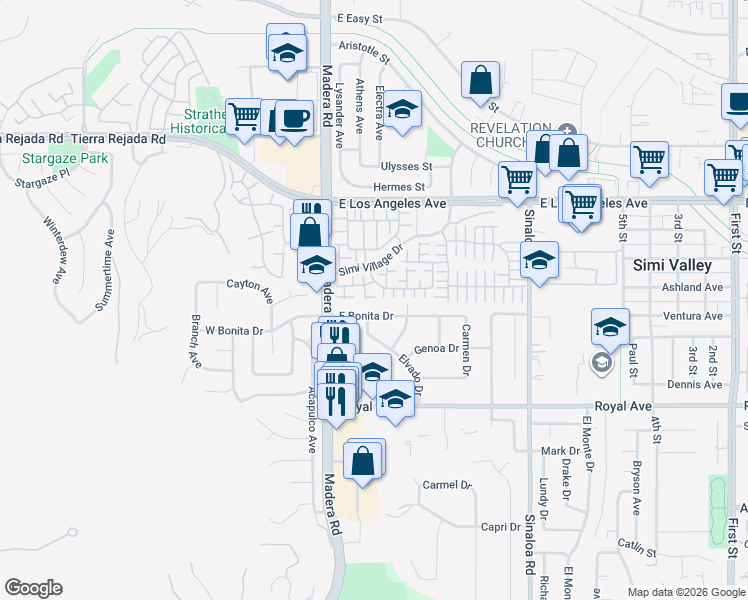 map of restaurants, bars, coffee shops, grocery stores, and more near 116 Pineplank Lane in Simi Valley
