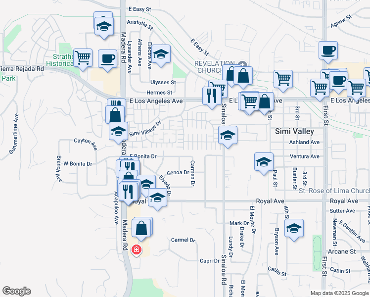 map of restaurants, bars, coffee shops, grocery stores, and more near 1654 Rush Haven Way in Simi Valley