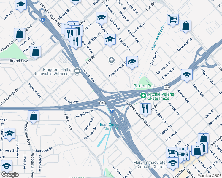 map of restaurants, bars, coffee shops, grocery stores, and more near 10901 Laurel Canyon Boulevard in San Fernando