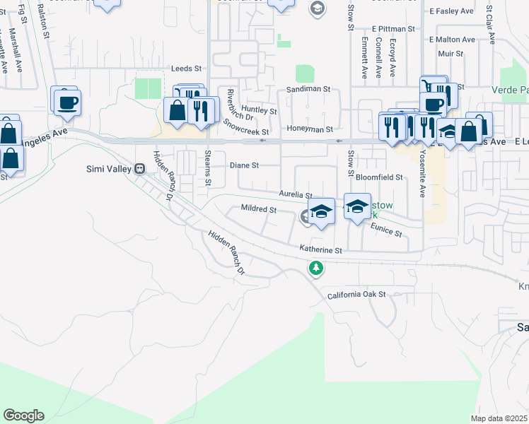 map of restaurants, bars, coffee shops, grocery stores, and more near 5330 Leland Circle in Simi Valley