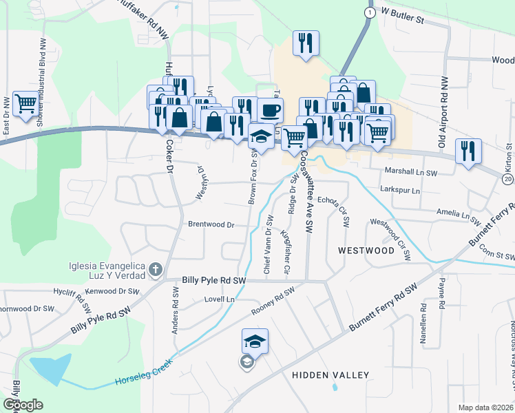 map of restaurants, bars, coffee shops, grocery stores, and more near 107 Brown Fox Drive Southwest in Rome