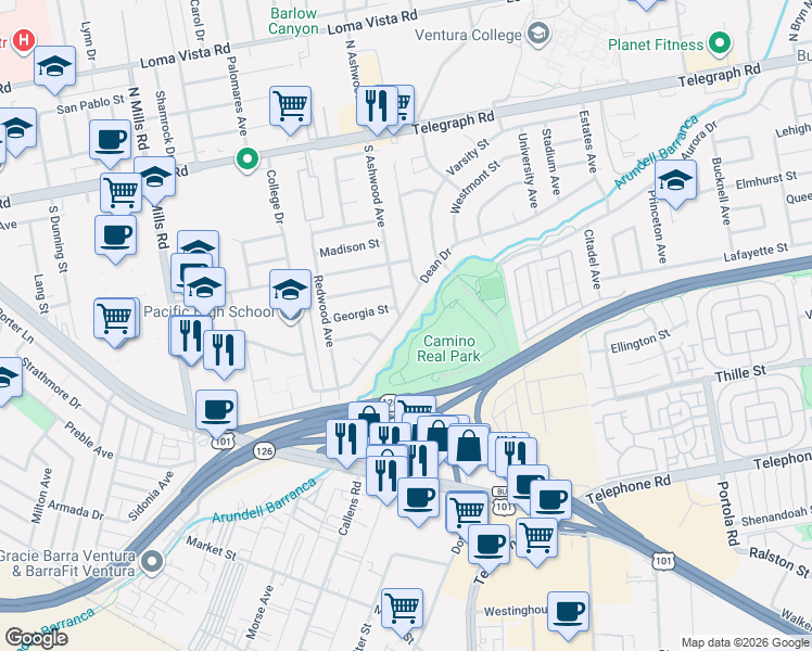 map of restaurants, bars, coffee shops, grocery stores, and more near 4040 Dean Drive in Ventura