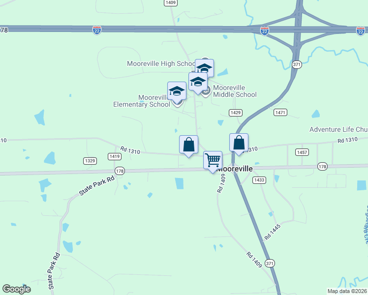 map of restaurants, bars, coffee shops, grocery stores, and more near 831 County Road 1310 in Mooreville