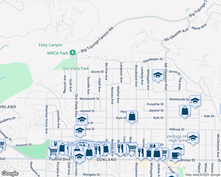 map of restaurants, bars, coffee shops, grocery stores, and more near 10943 Nassau Avenue in Los Angeles