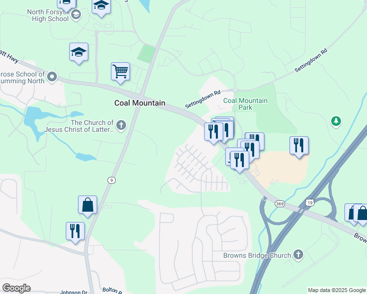 map of restaurants, bars, coffee shops, grocery stores, and more near 3810 Holliwell Pass in Cumming