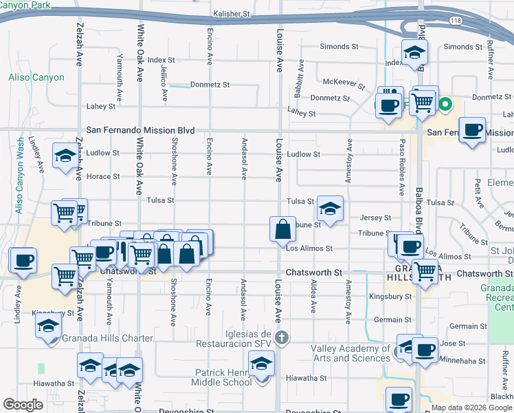map of restaurants, bars, coffee shops, grocery stores, and more near 17336 Tulsa Street in Los Angeles