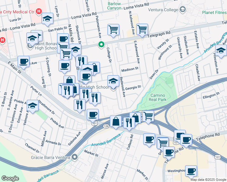 map of restaurants, bars, coffee shops, grocery stores, and more near 501 College Drive in Ventura