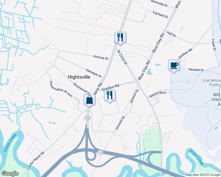map of restaurants, bars, coffee shops, grocery stores, and more near 116 Gordon Road in Wilmington