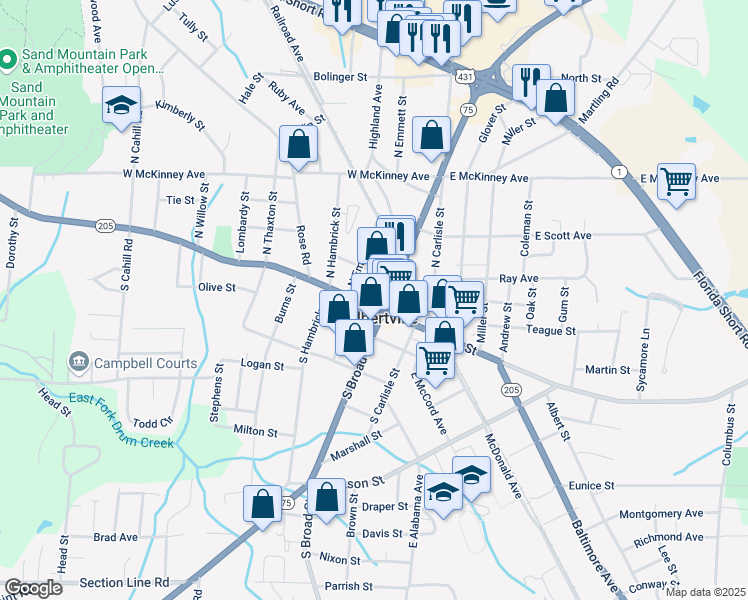 map of restaurants, bars, coffee shops, grocery stores, and more near 107 West Main Street in Albertville