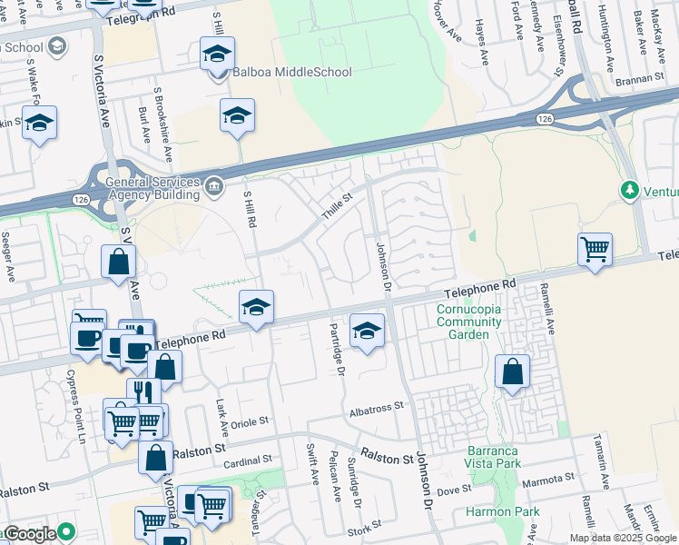 map of restaurants, bars, coffee shops, grocery stores, and more near 1050 Partridge Drive in Ventura