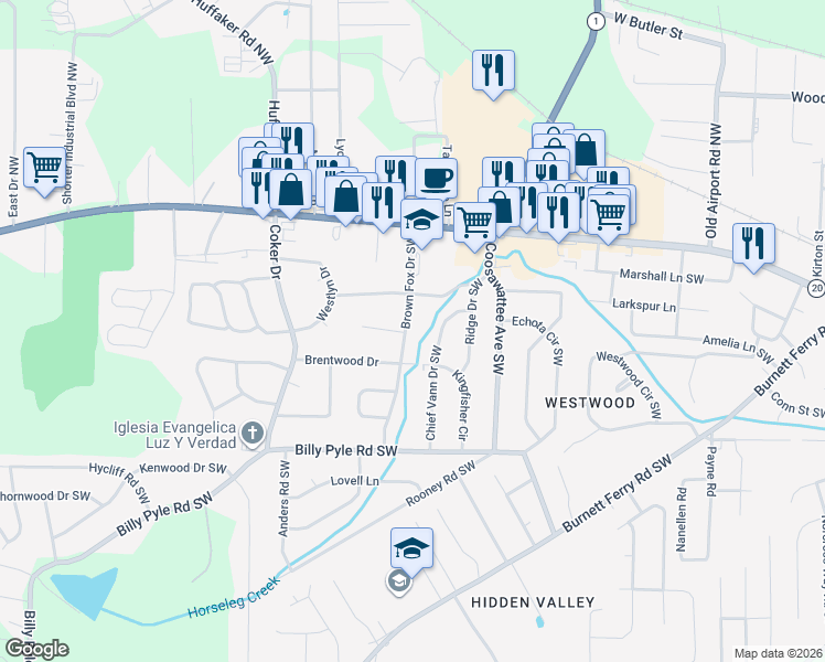 map of restaurants, bars, coffee shops, grocery stores, and more near 107 Brown Fox Drive Southwest in Rome