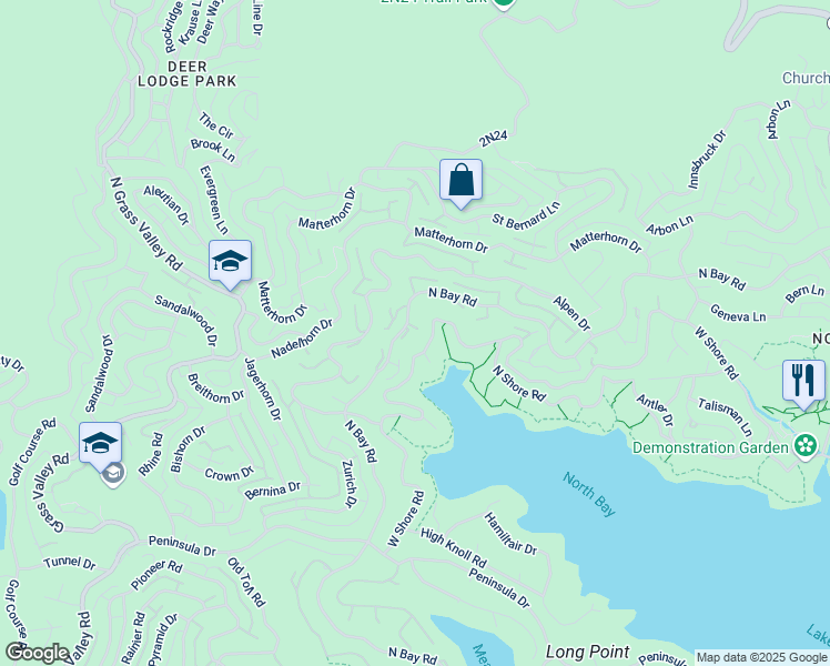 map of restaurants, bars, coffee shops, grocery stores, and more near 27571 North Bay Road in Lake Arrowhead