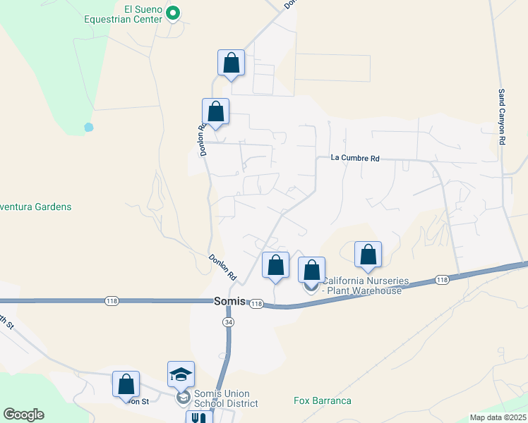 map of restaurants, bars, coffee shops, grocery stores, and more near 5645 La Cumbre Road in Somis