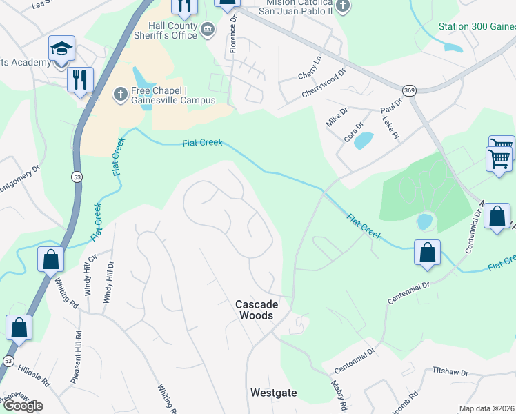 map of restaurants, bars, coffee shops, grocery stores, and more near 3002 Willow Ridge Circle Southwest in Gainesville