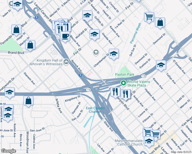 map of restaurants, bars, coffee shops, grocery stores, and more near 10901 Laurel Canyon Boulevard in San Fernando