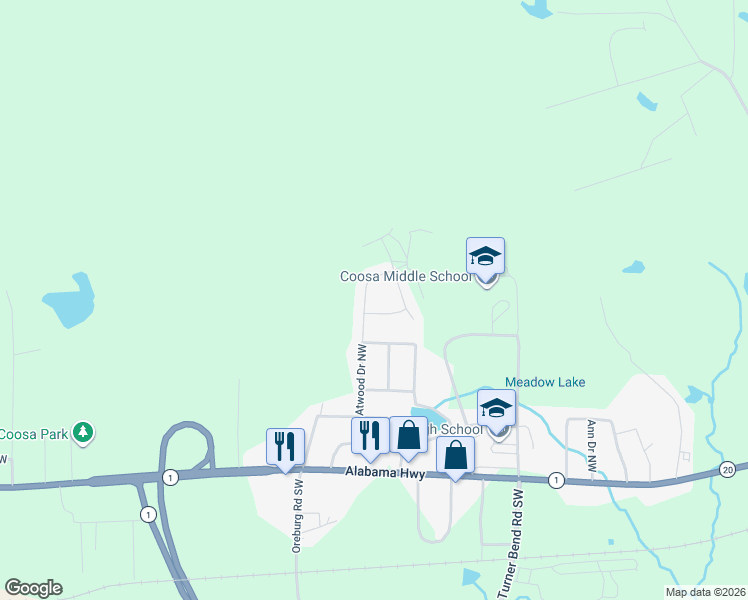 map of restaurants, bars, coffee shops, grocery stores, and more near 40 Atwood Drive Northwest in Rome