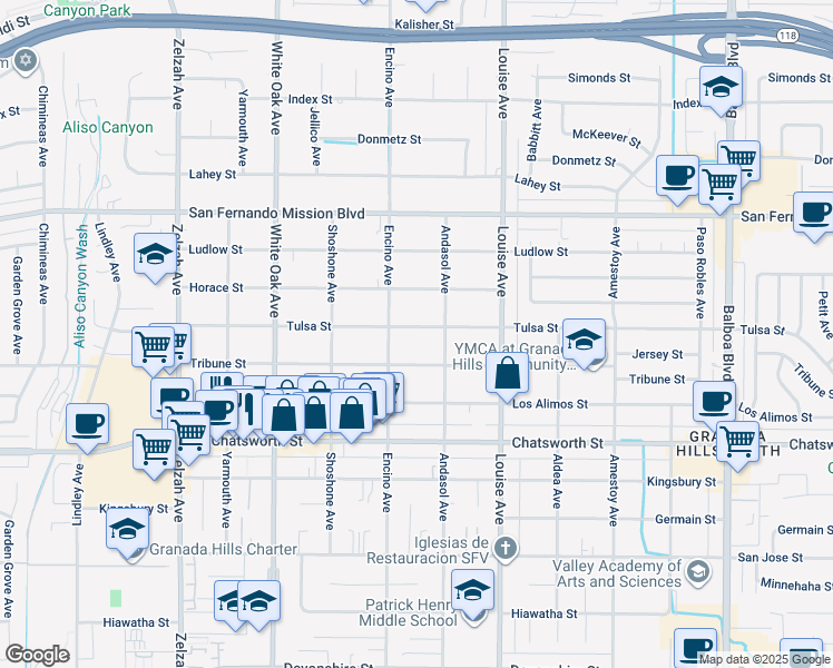 map of restaurants, bars, coffee shops, grocery stores, and more near 17430 Tulsa Street in Los Angeles
