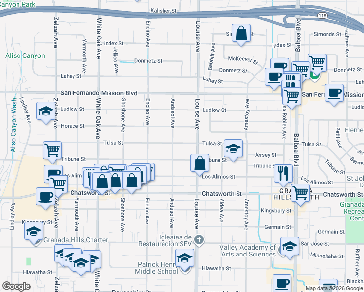 map of restaurants, bars, coffee shops, grocery stores, and more near 17336 Tulsa Street in Los Angeles