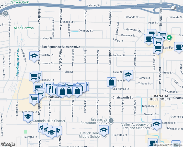 map of restaurants, bars, coffee shops, grocery stores, and more near 17430 Tulsa Street in Los Angeles