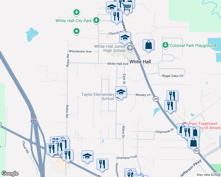 map of restaurants, bars, coffee shops, grocery stores, and more near 604 Nancy Street in White Hall