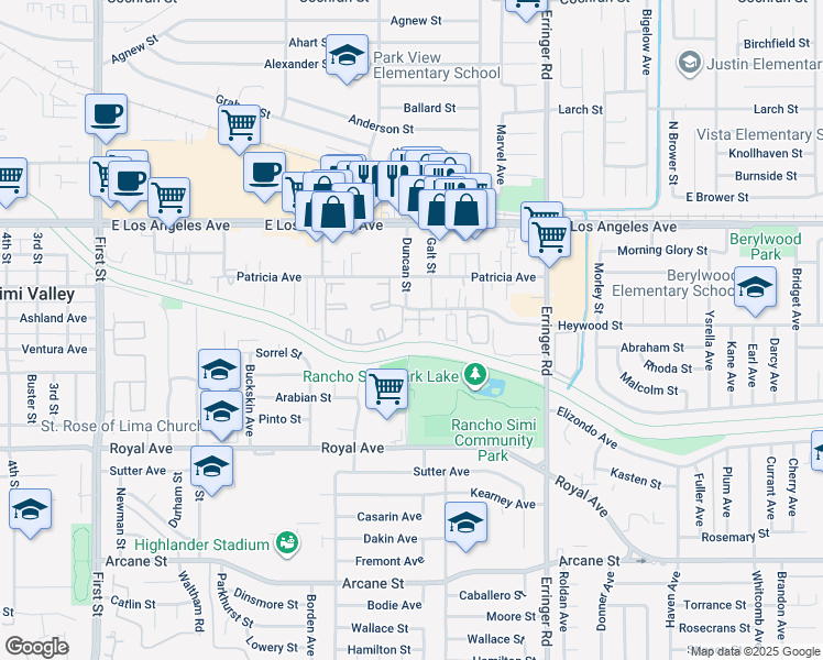 map of restaurants, bars, coffee shops, grocery stores, and more near 1630 Heywood Street in Simi Valley
