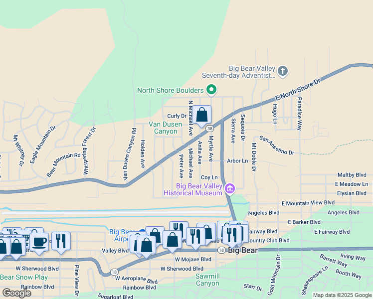 map of restaurants, bars, coffee shops, grocery stores, and more near 334 West North Shore Drive in Big Bear
