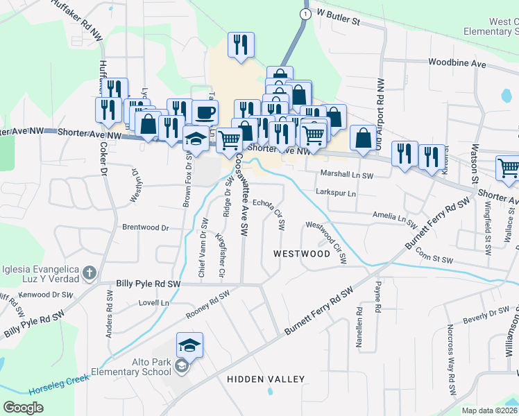 map of restaurants, bars, coffee shops, grocery stores, and more near 8 John Ross Drive Southwest in Rome