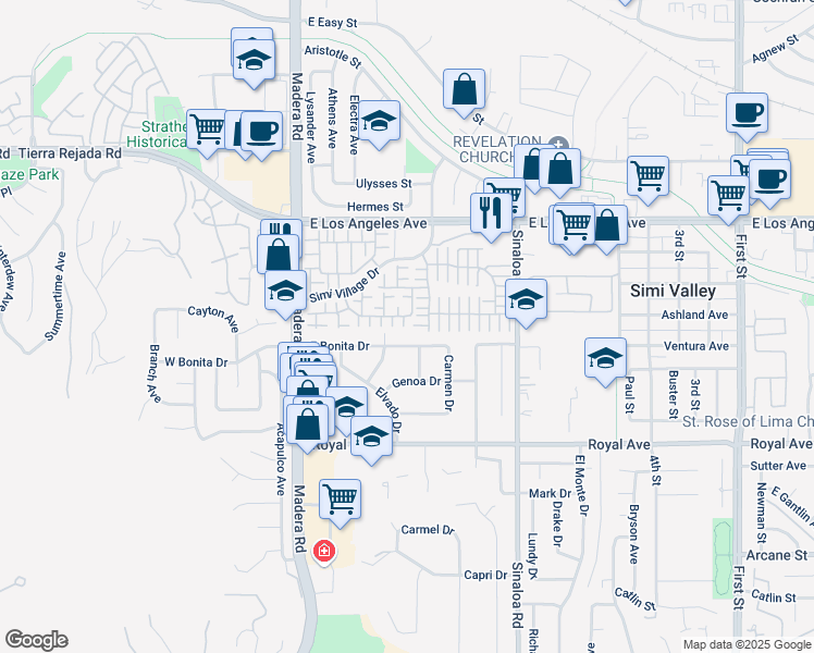 map of restaurants, bars, coffee shops, grocery stores, and more near 1743 Woodloch Lane in Simi Valley